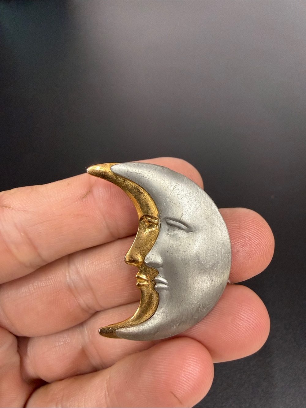Two-Tone Crescent Moon Face Brooch - Gold & Silver Women’s Jewelry